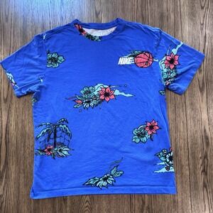 Nike Hoops Island‎ Floral Basketball Tee Size M Blue Tropical Graphic Shirt